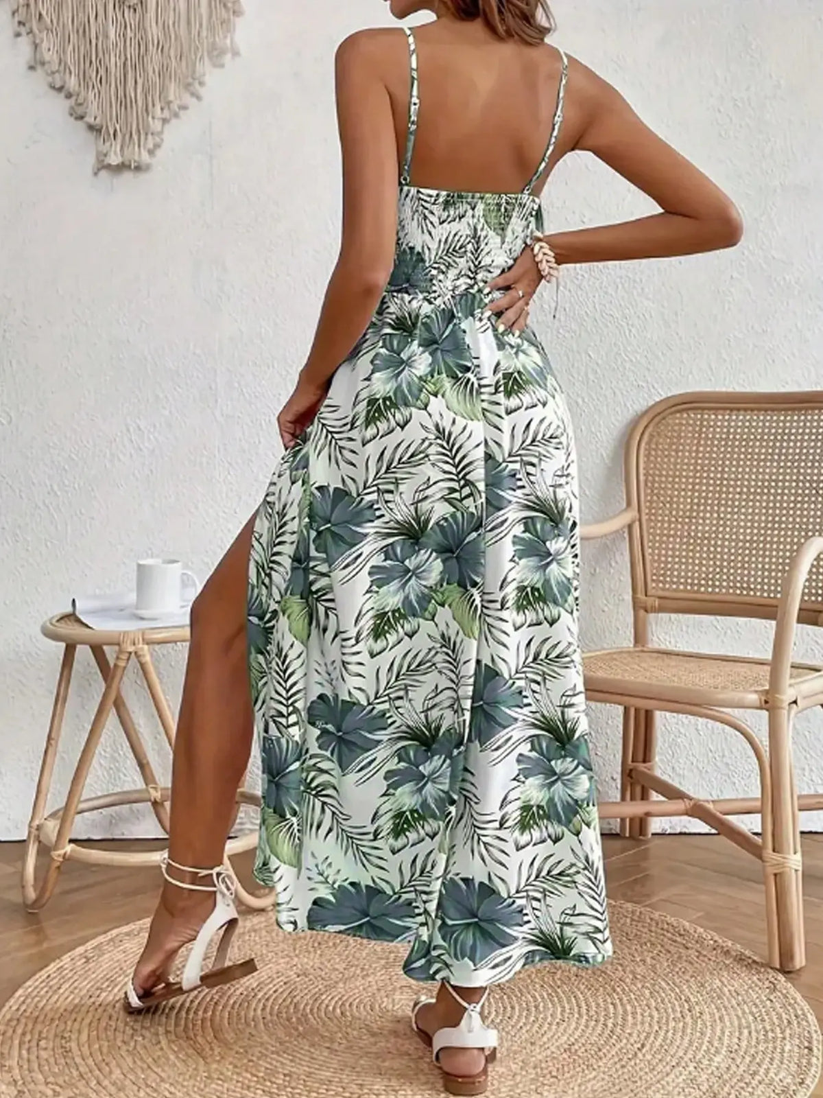 Women's Summer Holiday V-Neck Sleeveless Tropical Print Bohemian Maxi Dress with High Side Slit