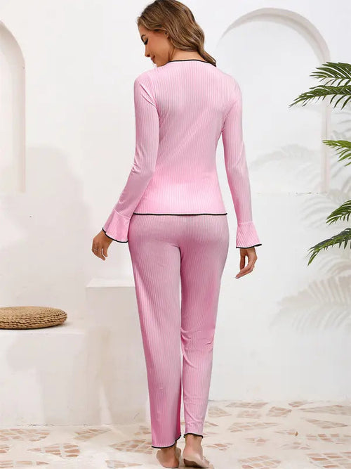Women's Solid Lettuce Trim Top & Pants Loungewear Two-Piece Set, Casual Comfy Long Sleeve V Neck Top & Trousers PJ Set, Ladies Sleepwear for All Seasons