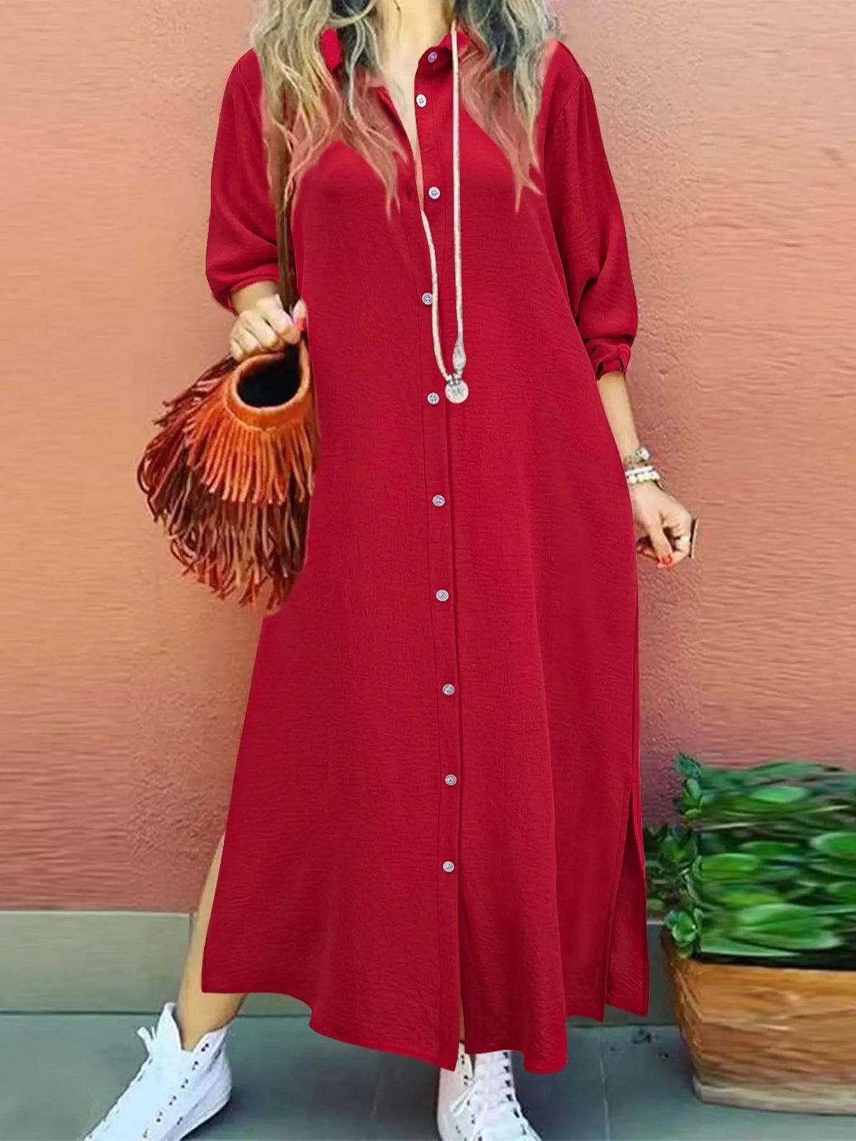 Women's Plain Button Shirt Collar Long Sleeve Dress, Collared Casual Fashion Long Dress for Daily Outdoor Wear, Women's Dress for Spring