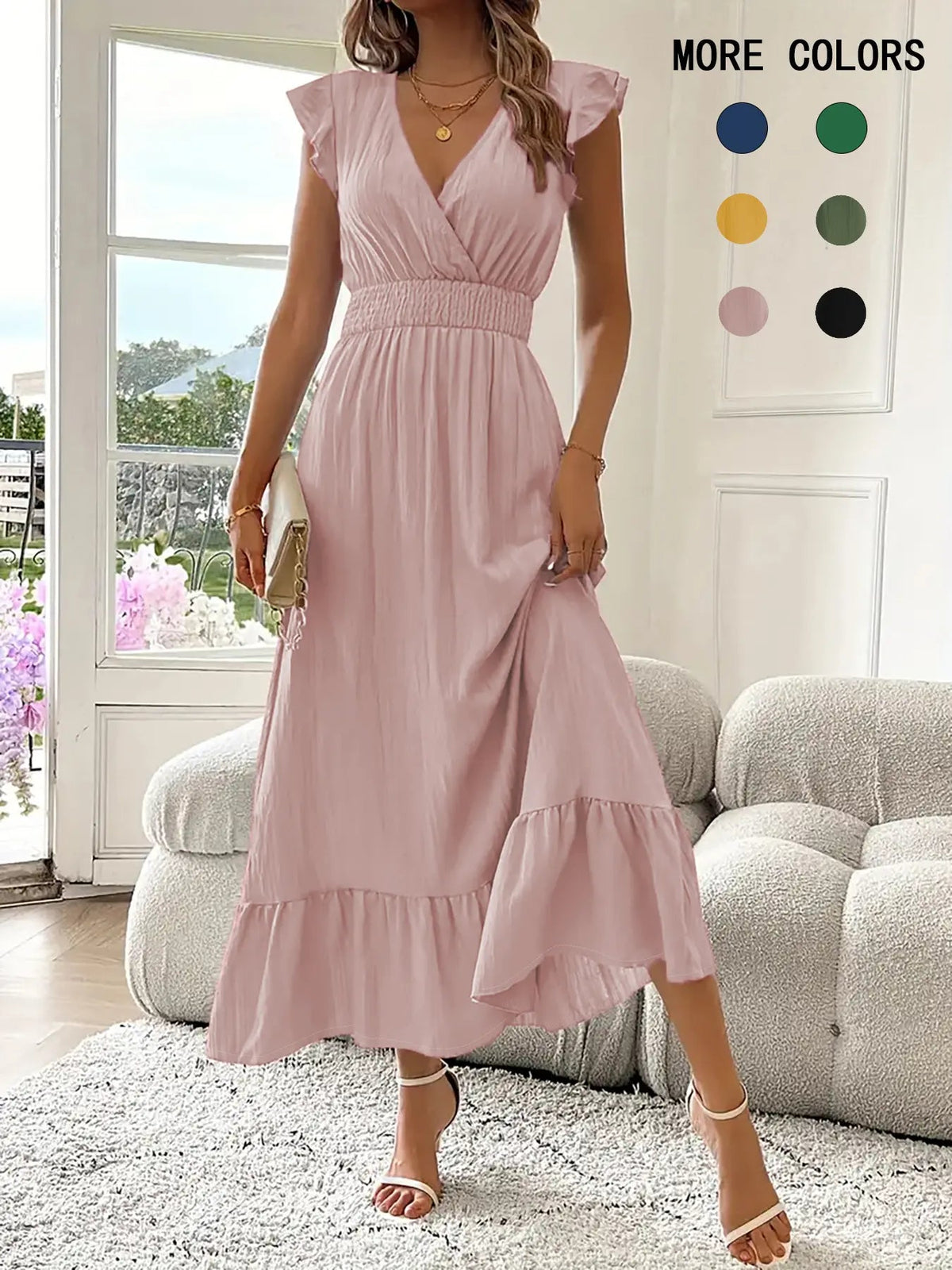 Women's Plain Shirred V Neck Fitted Dress, Elegant Chic Fashion Casual Long Dress for Daily Outdoor Wear, Women's Dress for Summer