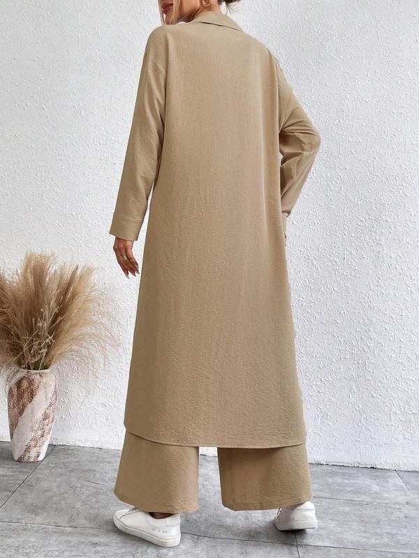 Women's Solid Button Front Shirt & Wide Leg Pants Two-piece Set, Casual Drop Shoulder Long Sleeve Top & Trousers Set, Women's Clothes for Daily Wear
