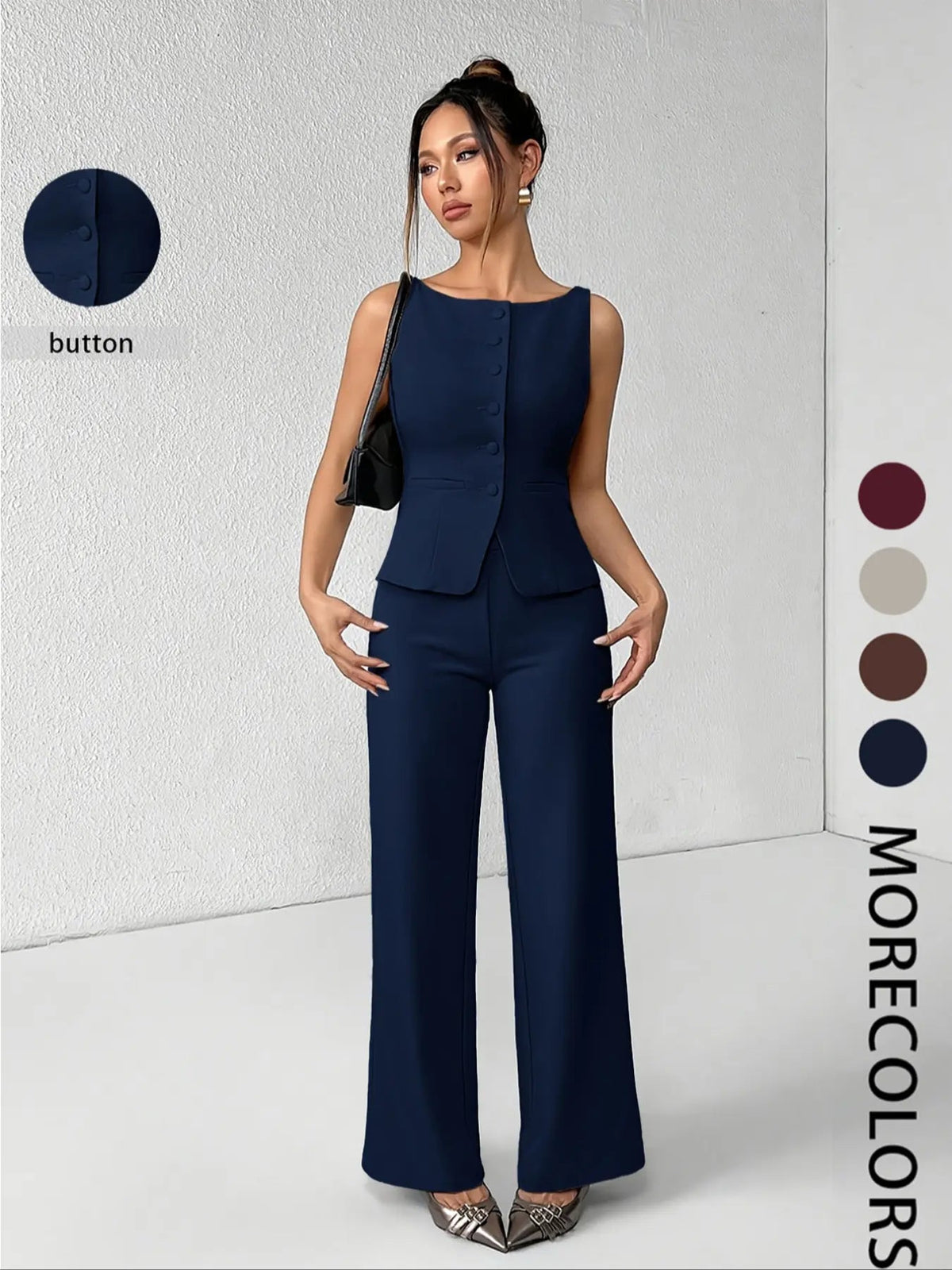 Women's Solid Button Front Sleeveless Tank Top & Wide Leg Pants Set, Casual Elegant Chic Minimalist Fashion Two-piece Set for Summer, Women's Clothing for Daily Wear, Suits, Office Siren Outfits, Casual Matching Set, Corporate Outfits Women