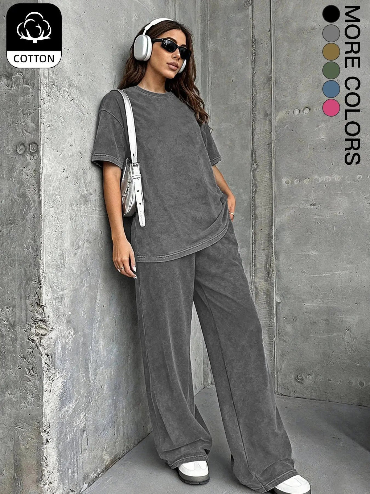 Women's Casual Loose Fit Acid Washed Cotton Short Sleeve T-Shirt and Long Pants Two-Piece Set, All Seasons, Plain Style