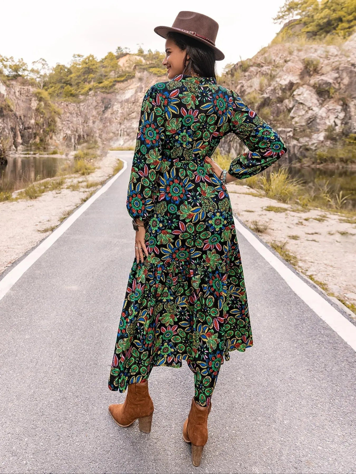 Women's Western Style Floral Print Embroidered Trim Bishop Long Sleeve Notched Neck A-line Long Vintage Dress, Dresses for Women