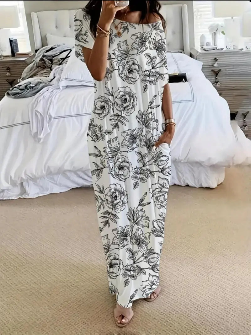 Women's Solid Color Batwing Sleeve Lounge Dress, Casual Comfy Short Sleeve Nightdress for Daily Wear, Ladies Sleepwear for All Seasons