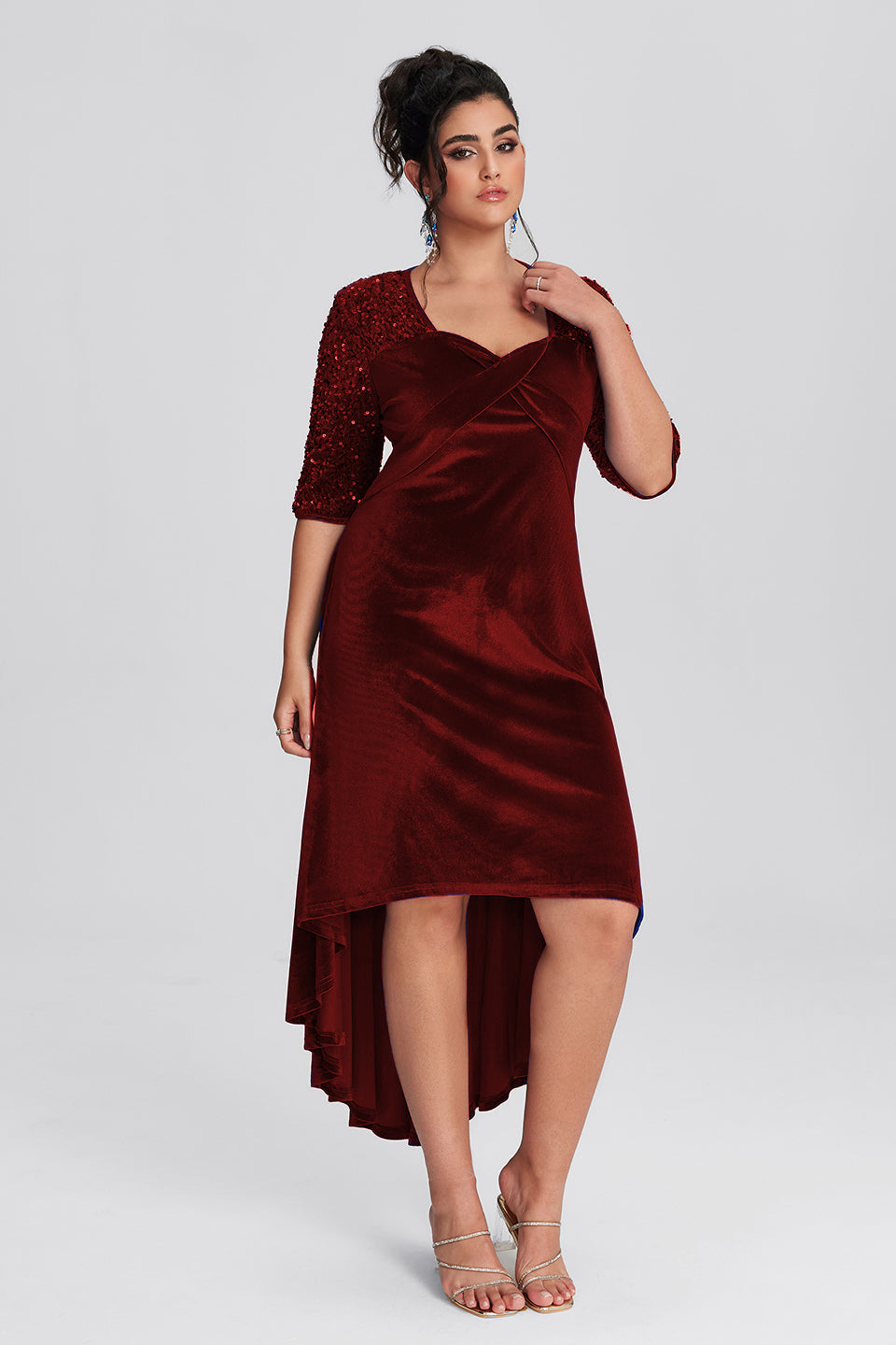 Curveins Plus Size Asymmetric Hem Velvet Maxi Dress With Sequin