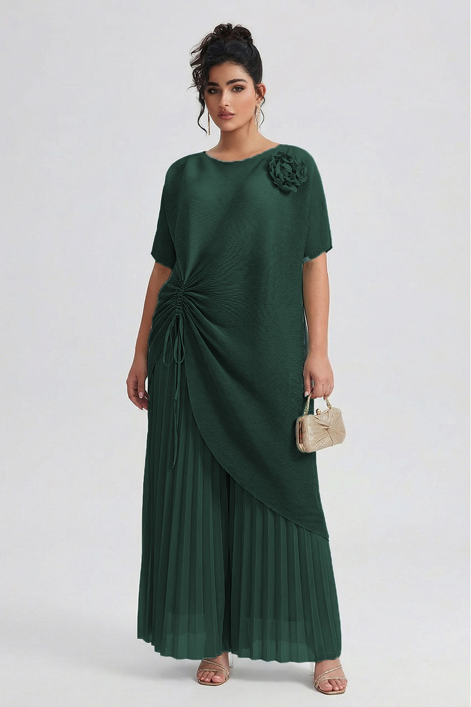 Curveins Plus Size Round Neck Short Sleeve Robe and Wide-Leg Pants Set