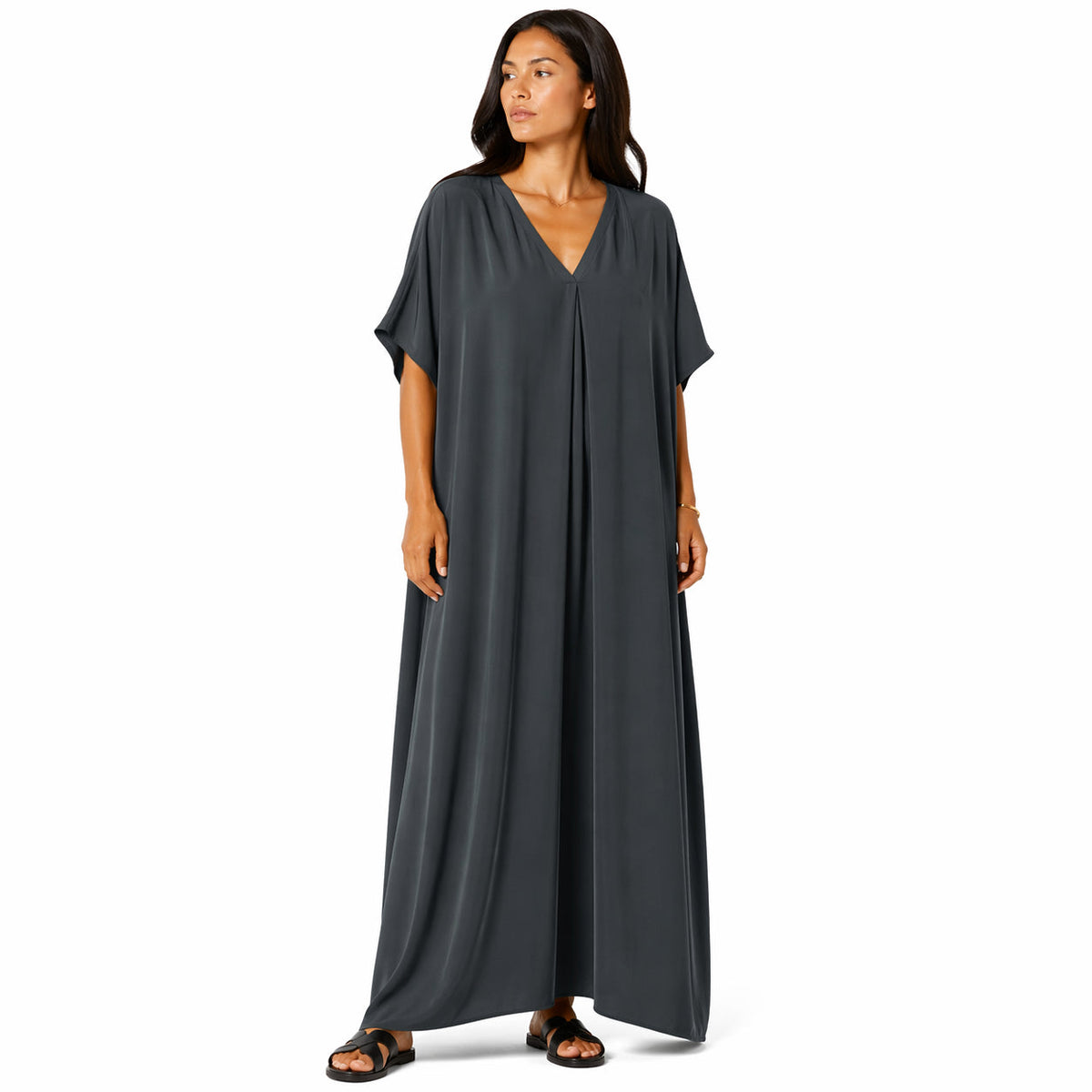 Women's long, flowy, oversized V-neck dress – chic and comfortable for summer.