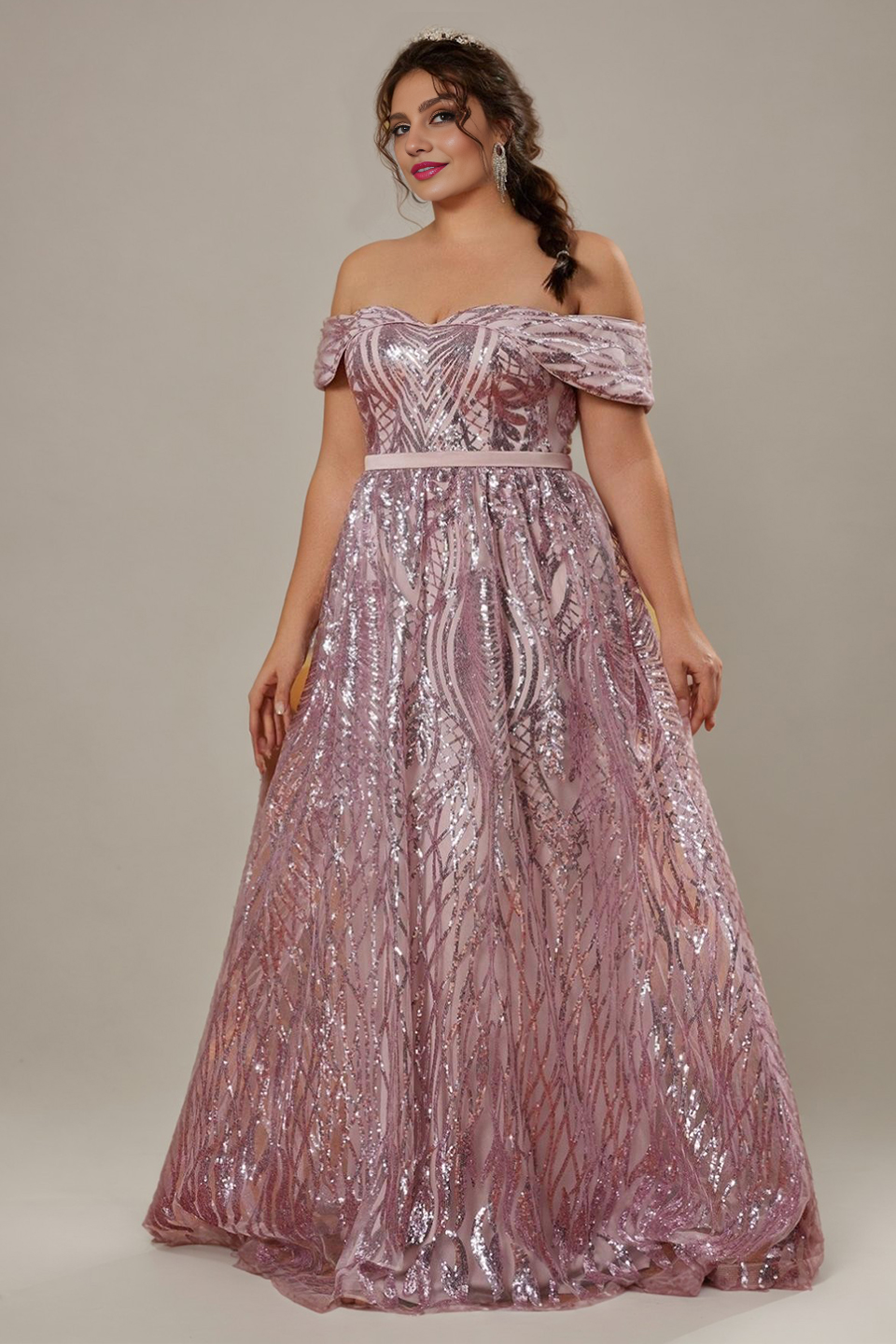 Curveins Plus Size Off-Shoulder Textured Sequin Waist-Defined Maxi Dress