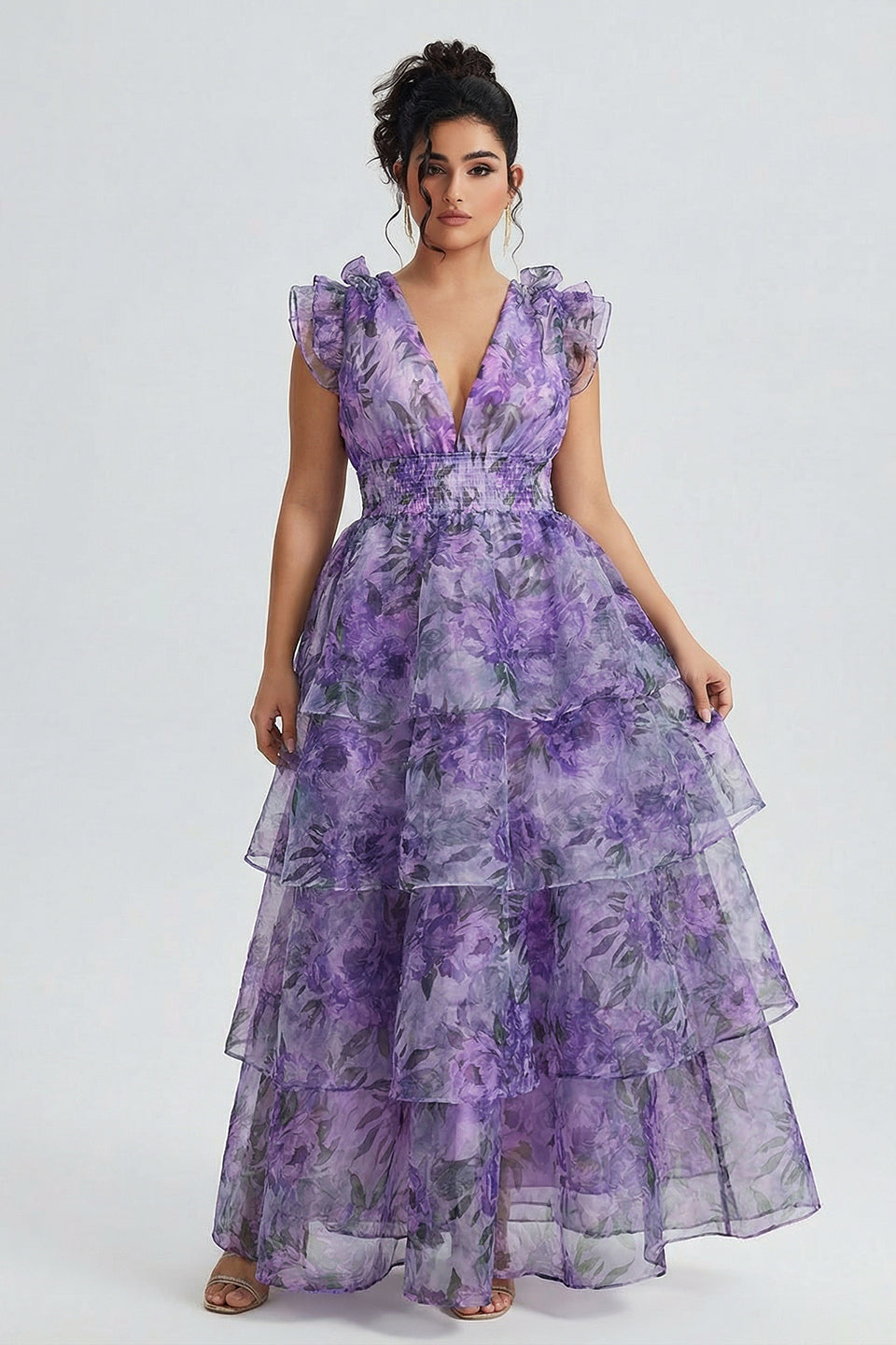 Curveins Plus Size V-Neck Sleeveless Floral Tiered Maxi Dress with Decorative Shoulder Detail