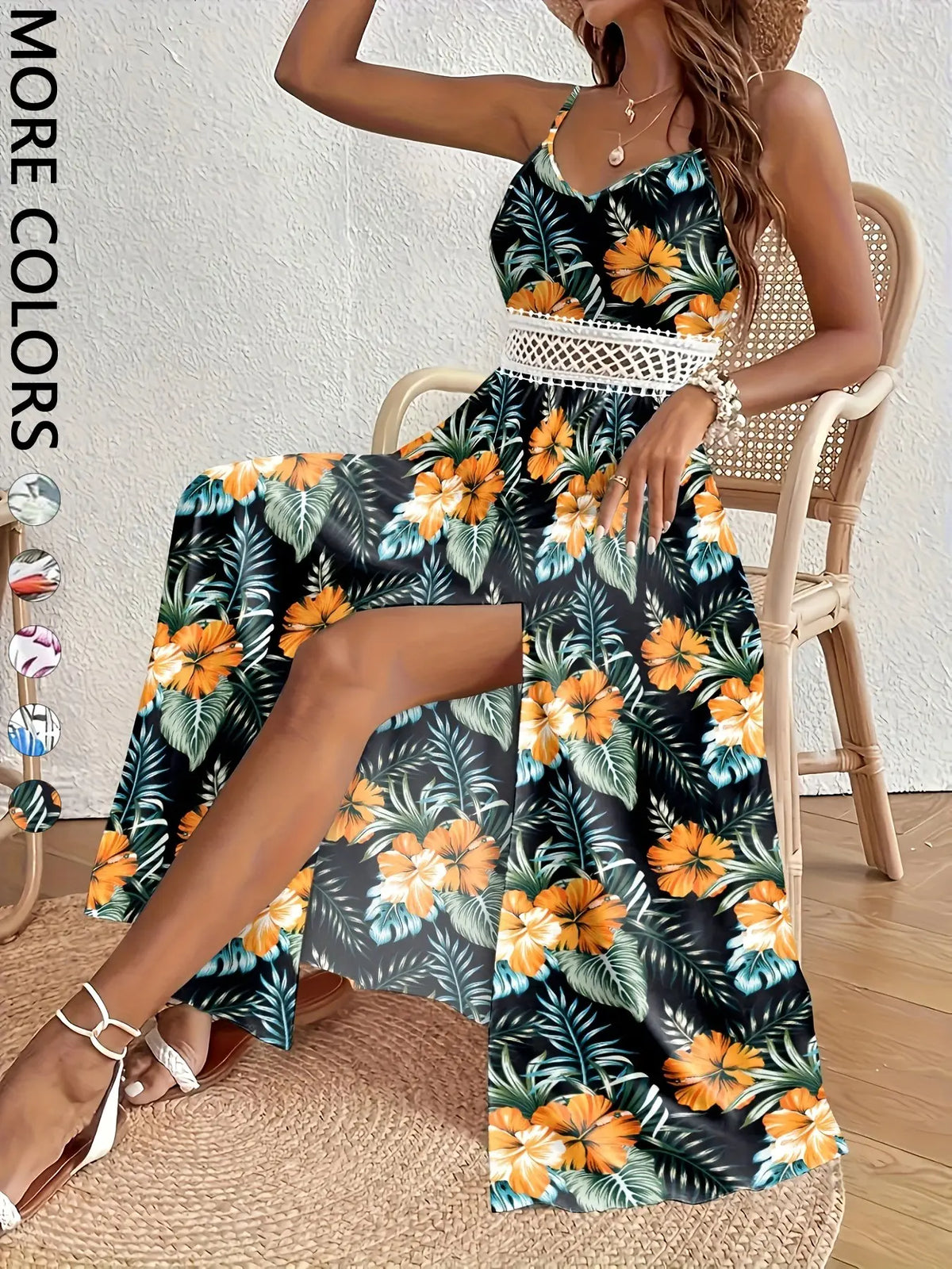 Women's Summer Holiday V-Neck Sleeveless Tropical Print Bohemian Maxi Dress with High Side Slit