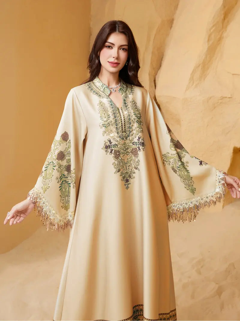 Women's Elegant Long Dress, Loose Fit Ethnic Print, Lace-Up Design, All-Season Wear, Perfect for Evening Occasions & Special Events