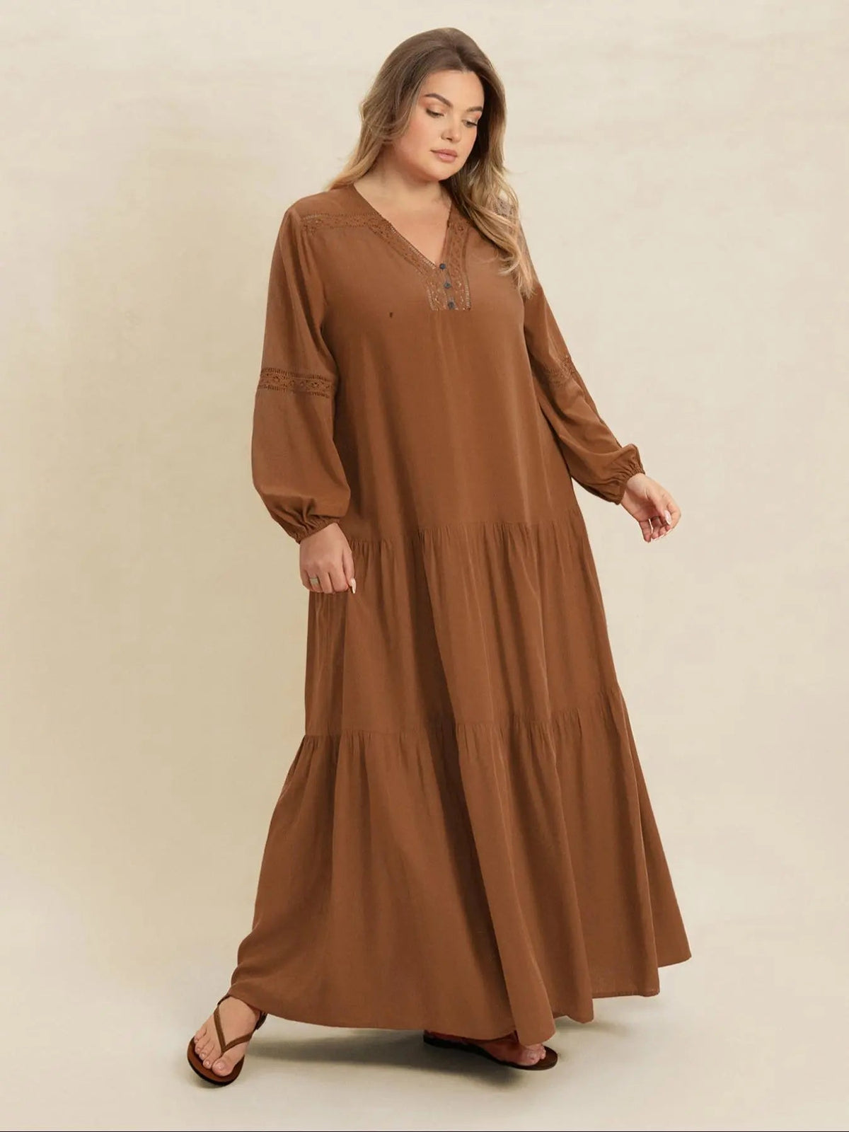 [Plus Size] Plain V-Neck Long Sleeve Maxi Dress, Boho Modest Dress for Daily Holiday Vacation Wear, Women's Plus-Size Clothing for All Seasons