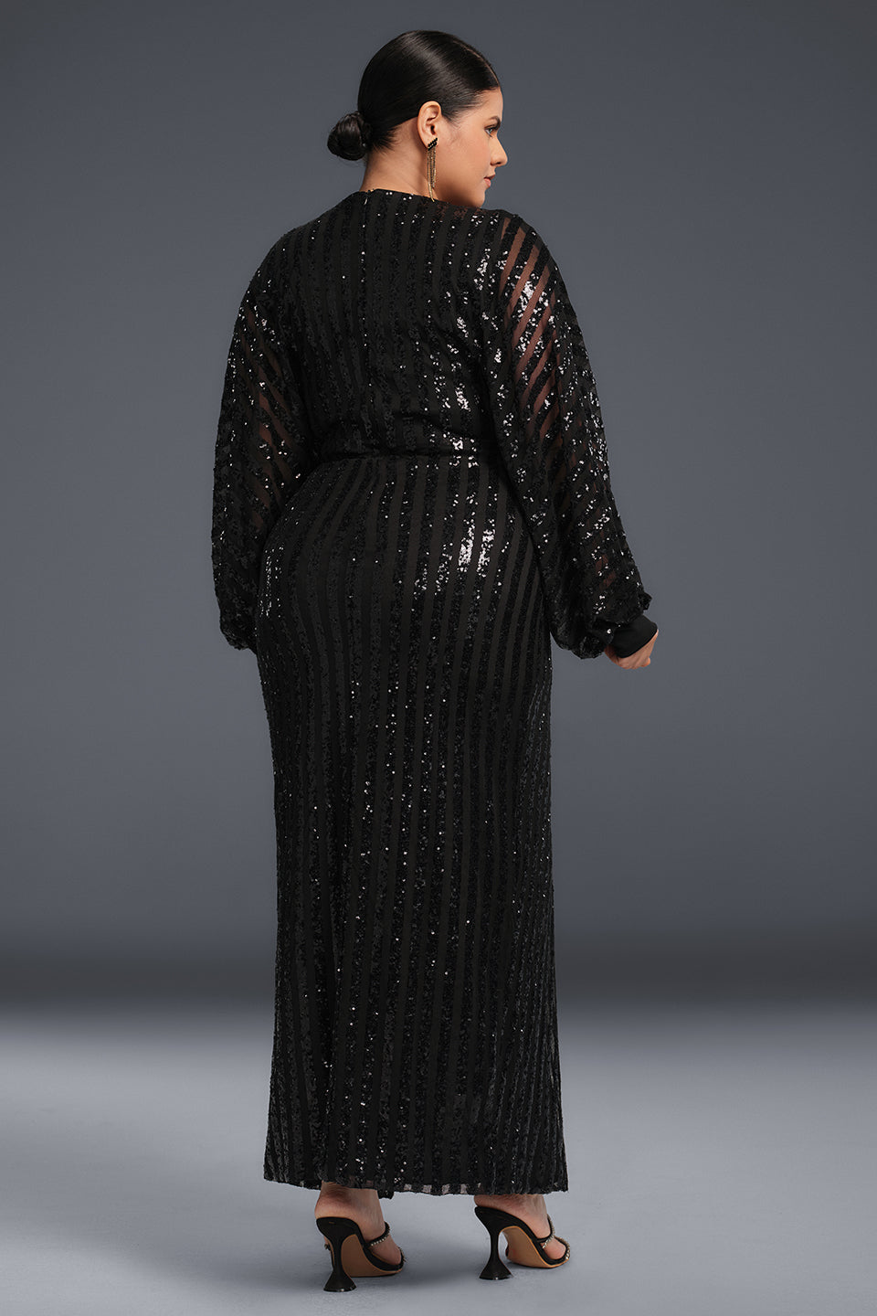 Curveins Plus Size V Neck Sequins Lantern Sleeve Slit Mesh Dress
