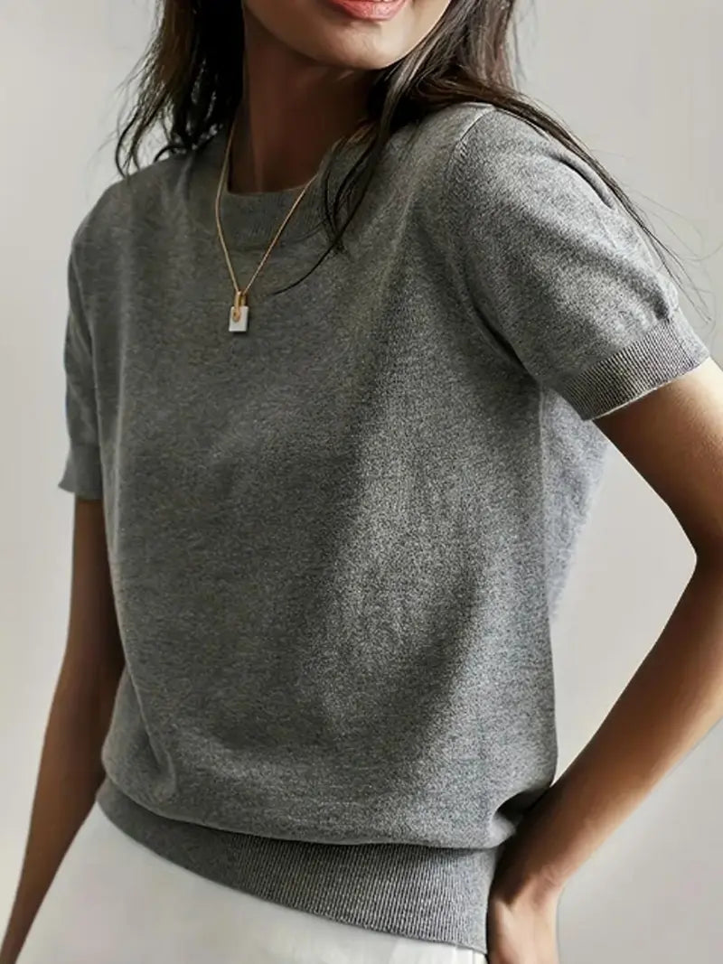 Women's Solid Color Crew Neck Short Sleeve Sweater, Casual Basic Knit Pullover for Spring & Fall, Fashion Women's Knitwear for Daily Wear, Womenswear