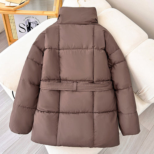 Premium Women  Mid Length Belted Puffer Jacket Women Casual Coat, Water Repellent Women Winter Ladies Classic Quilted Outerwear Coat Big Pocket