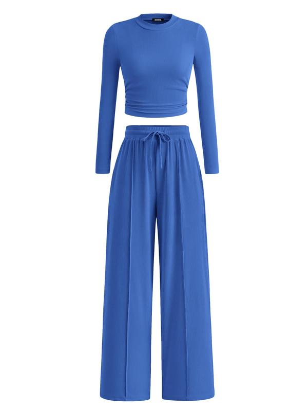 2-Piece Ribbed Knit Long Sleeve Crop Top Wide Leg Pants Matching Lounge Set Loungewear