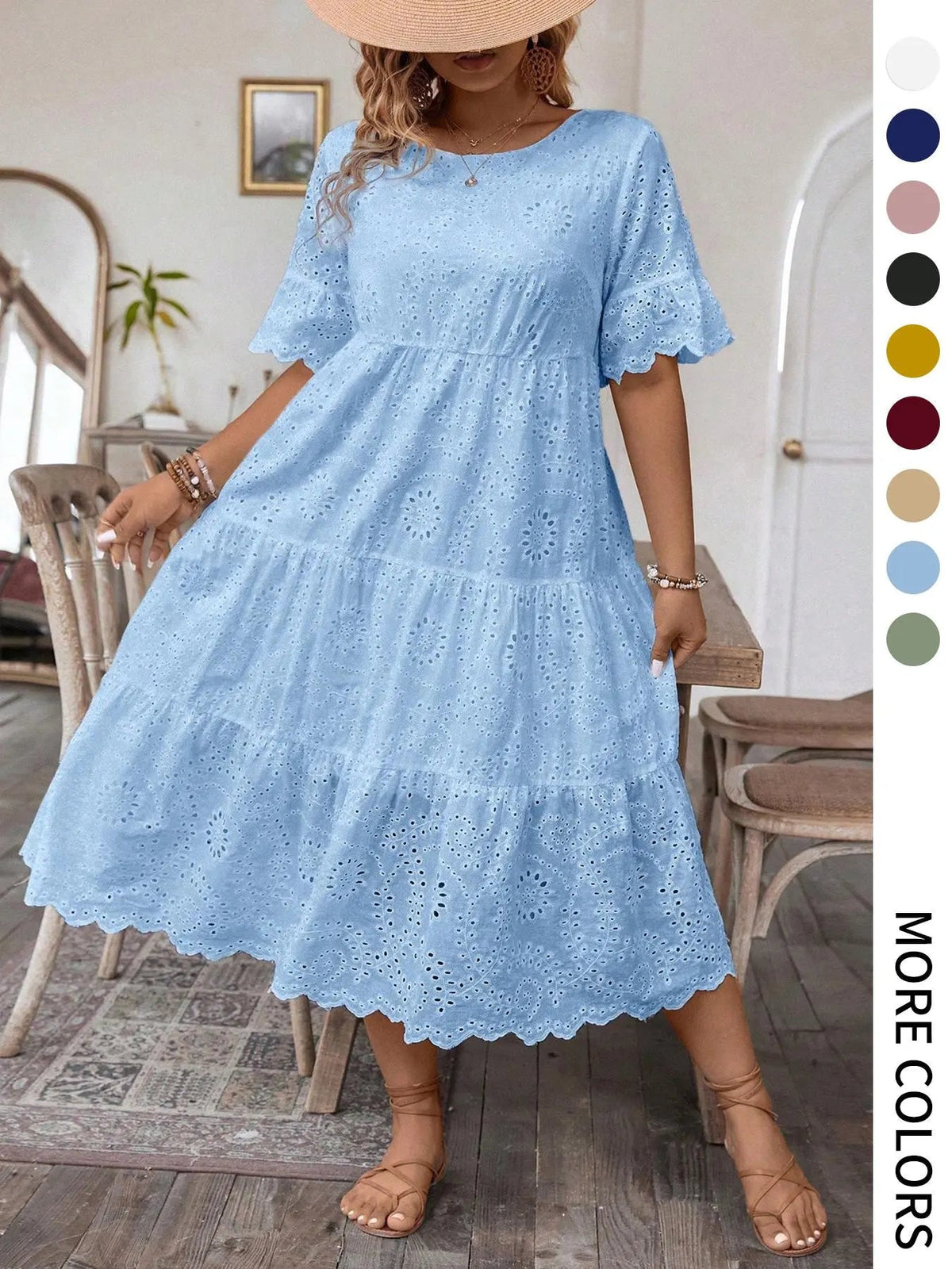 [Plus Size] Solid Eyelet Embroidery Dress, Boho-Style Round-Neck Dress for Vacation and Everyday Wear – Women's Summer Clothing