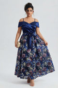 Curveins Plus Size Spaghetti Strap Off-Shoulder Printed Maxi Dress with Patchwork Detail