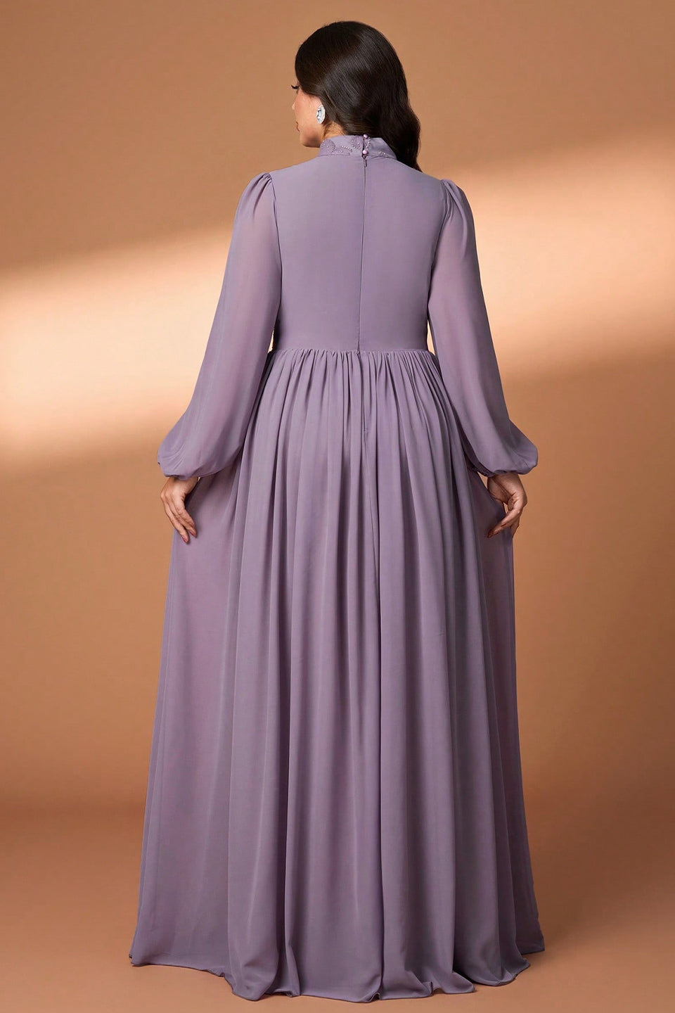 Curveins Plus Size High Collar Long Sleeve Beaded Floral Detail Elegant Maxi Dress