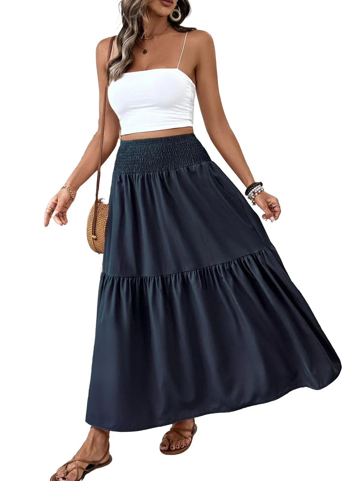 Women's Floral Casual A-Line Skirt, Elastic Waist Pockets, Leaf Hem, Long Fitted Skirt, Fashionable Mid-Length Dress
