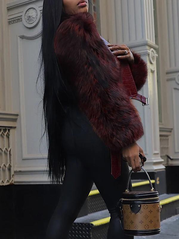 Women's Patchwork Fur Jacket, Crocodile Texture Sleeves, Zipper Design, Casual Biker Style, All Seasons Wear, Stylish & Luxurious Look