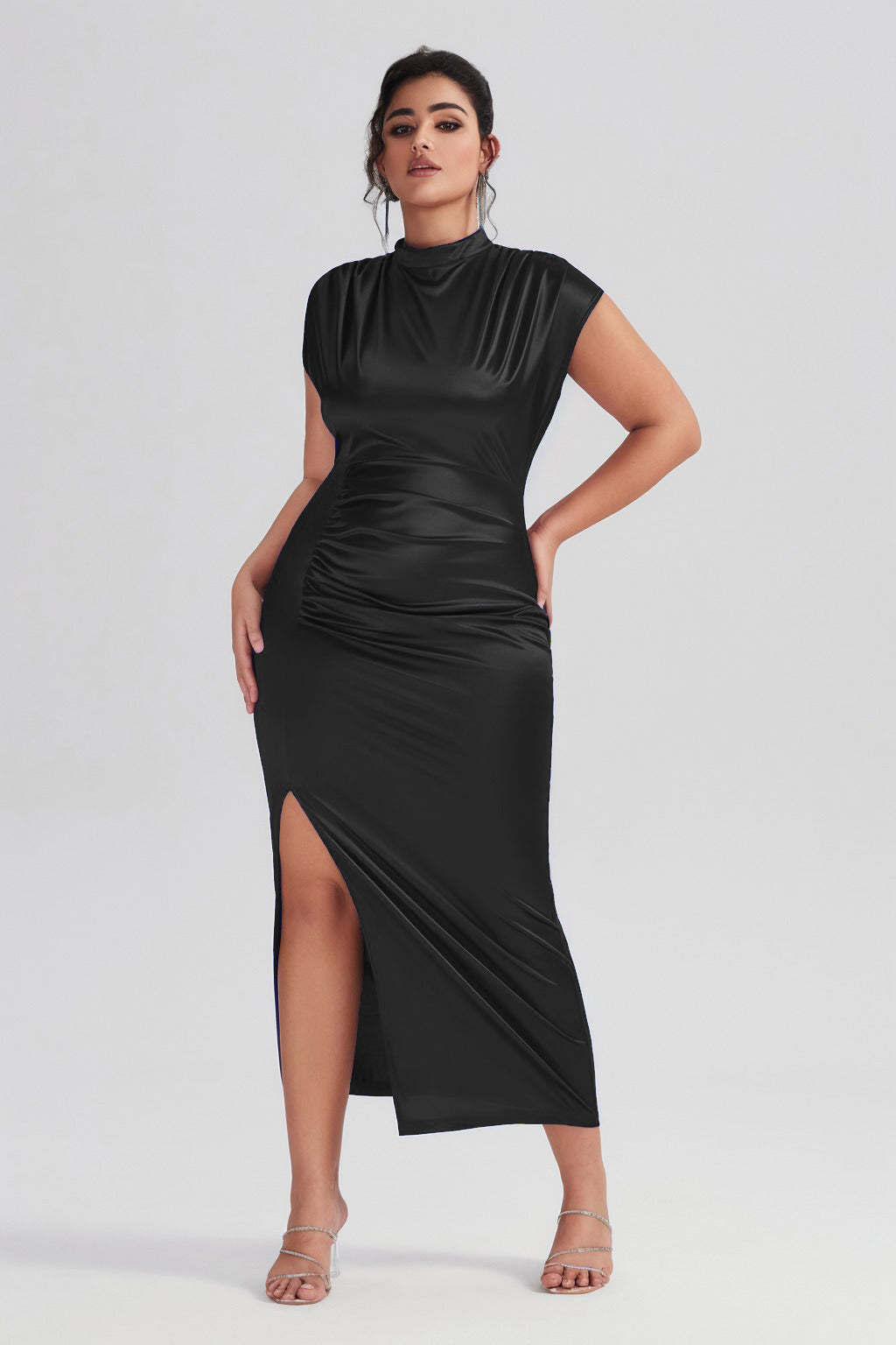 Plus Size Satin High-Waisted Blue Maxi Dress