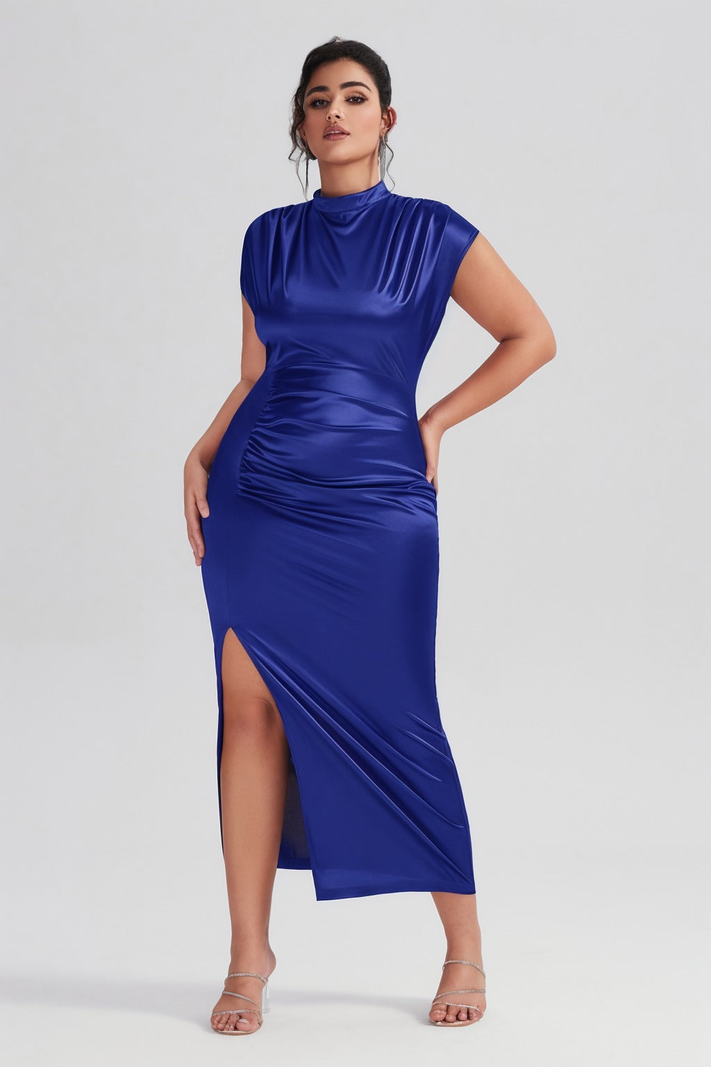 Plus Size Satin High-Waisted Blue Maxi Dress