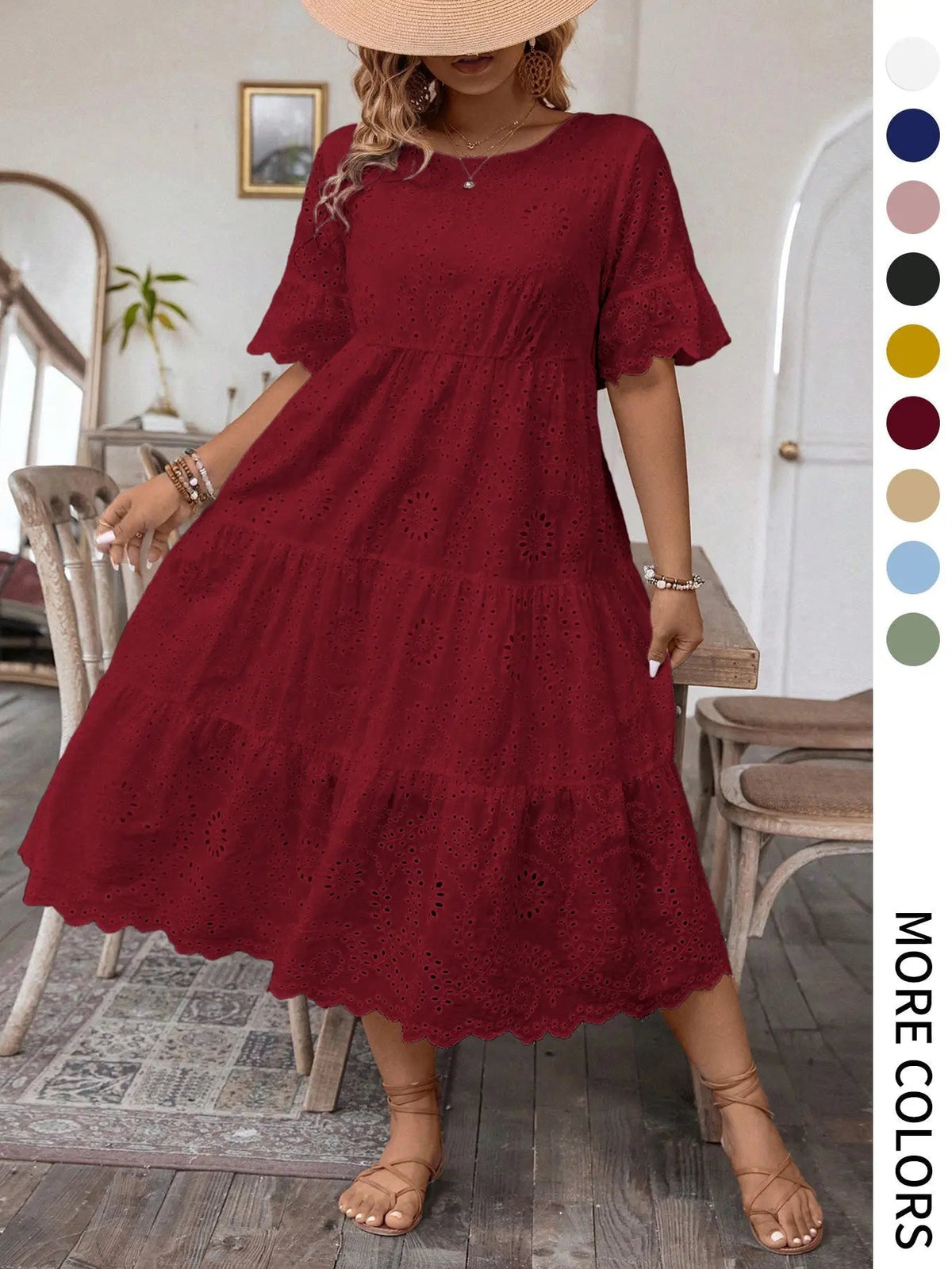 [Plus Size] Solid Eyelet Embroidery Dress, Boho-Style Round-Neck Dress for Vacation and Everyday Wear – Women's Summer Clothing