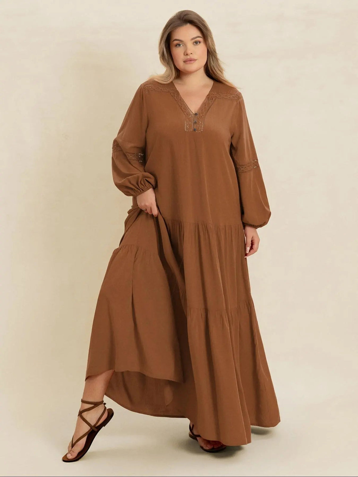 [Plus Size] Plain V-Neck Long Sleeve Maxi Dress, Boho Modest Dress for Daily Holiday Vacation Wear, Women's Plus-Size Clothing for All Seasons