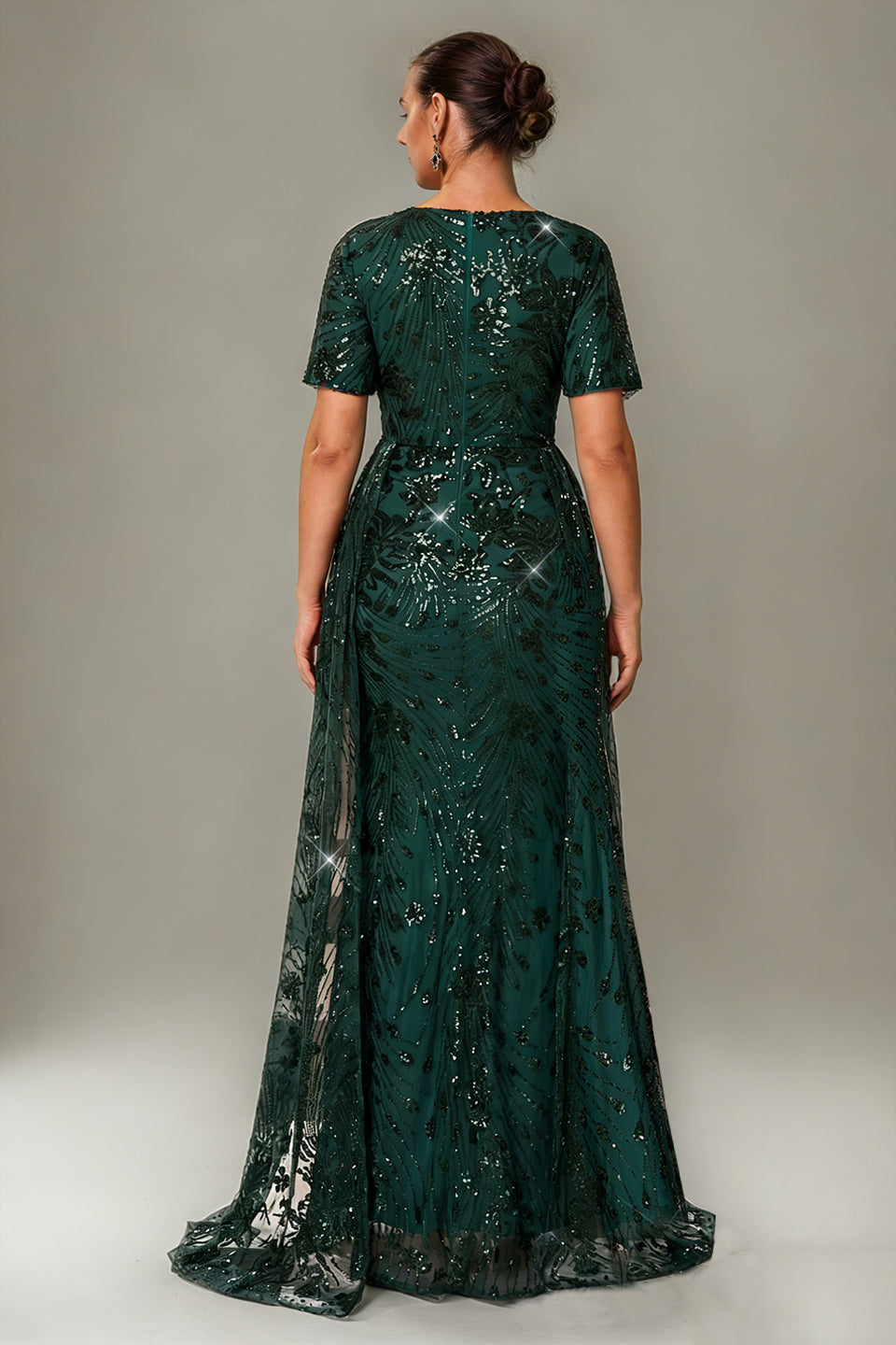 Curveins Plus Size V-Neck Batwing Sleeve Sequin Detail Maxi Dress with Side Train
